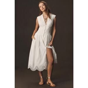 by ANTHROPOLOGIE sz M The Tommie cap sleeve zip dress eyelet edition in white
